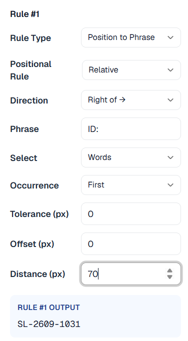 PDFGrid Position to Phrase rule configured to select words to the right of ID